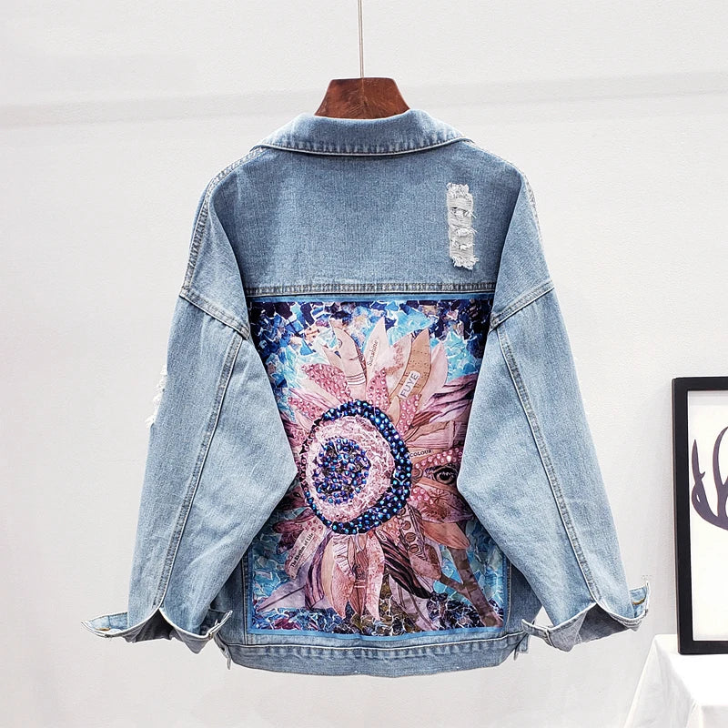 Streetwear Style Print Women's Denim Jacket Coat Diamonds Hole BF Jeans Outwear Female Spring Autumn Casual Loose Cowboy Outwear