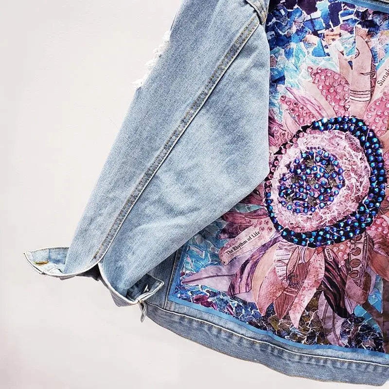Streetwear Style Print Women's Denim Jacket Coat Diamonds Hole BF Jeans Outwear Female Spring Autumn Casual Loose Cowboy Outwear