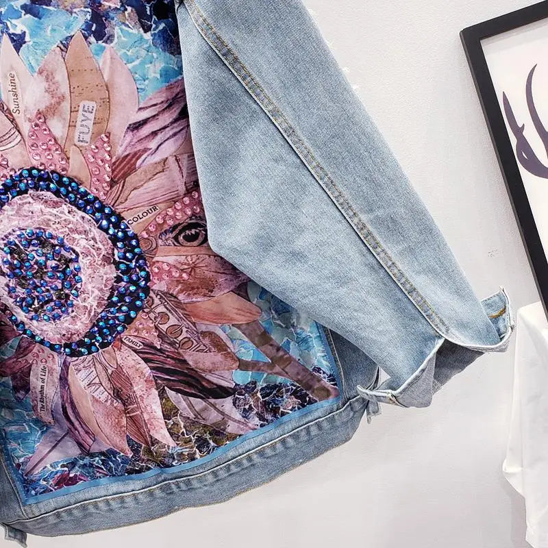 Streetwear Style Print Women's Denim Jacket Coat Diamonds Hole BF Jeans Outwear Female Spring Autumn Casual Loose Cowboy Outwear