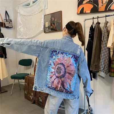 Streetwear Style Print Women's Denim Jacket Coat Diamonds Hole BF Jeans Outwear Female Spring Autumn Casual Loose Cowboy Outwear