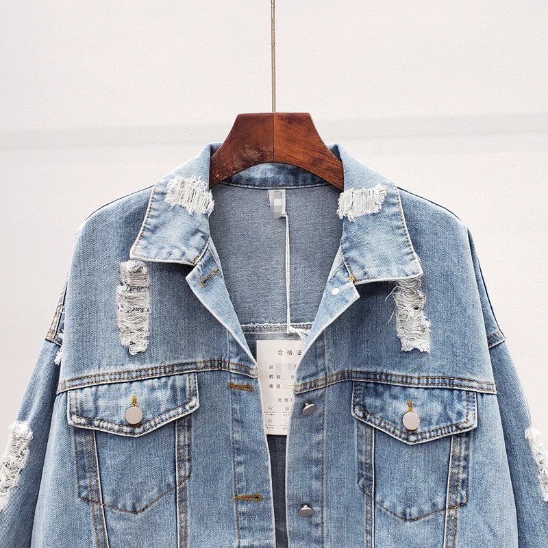 Streetwear Style Print Women's Denim Jacket Coat Diamonds Hole BF Jeans Outwear Female Spring Autumn Casual Loose Cowboy Outwear