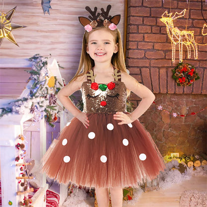 Girls Christmas Moose Gauze Dress Kawaii Headband