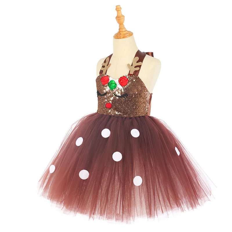 Girls Christmas Moose Gauze Dress Kawaii Headband