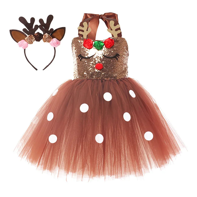 Girls Christmas Moose Gauze Dress Kawaii Headband